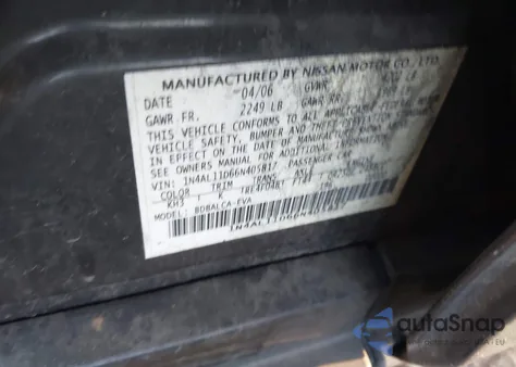 2006 Nissan Altima 2.5 S z USA, uszkodzony, nr VIN 1N4AL11D66N405817